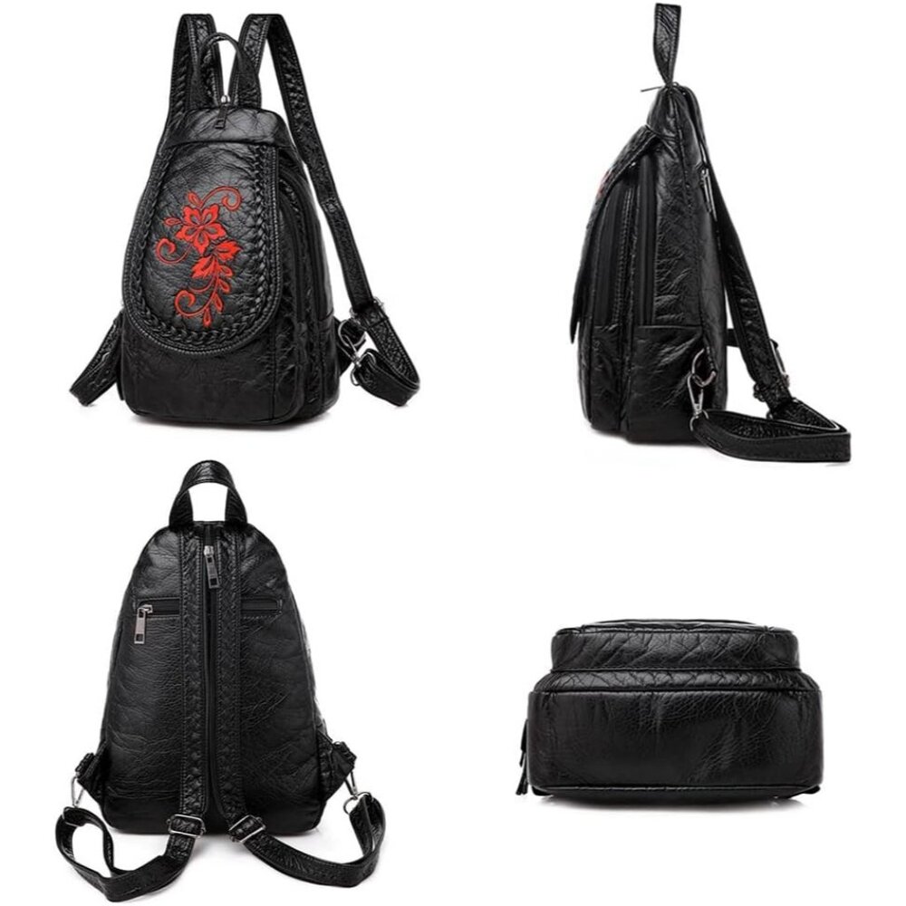 Women's Black Red Flower Soft Pu Leather Purse Chest Packs Travel Bag Backpack - Picture 4 of 6